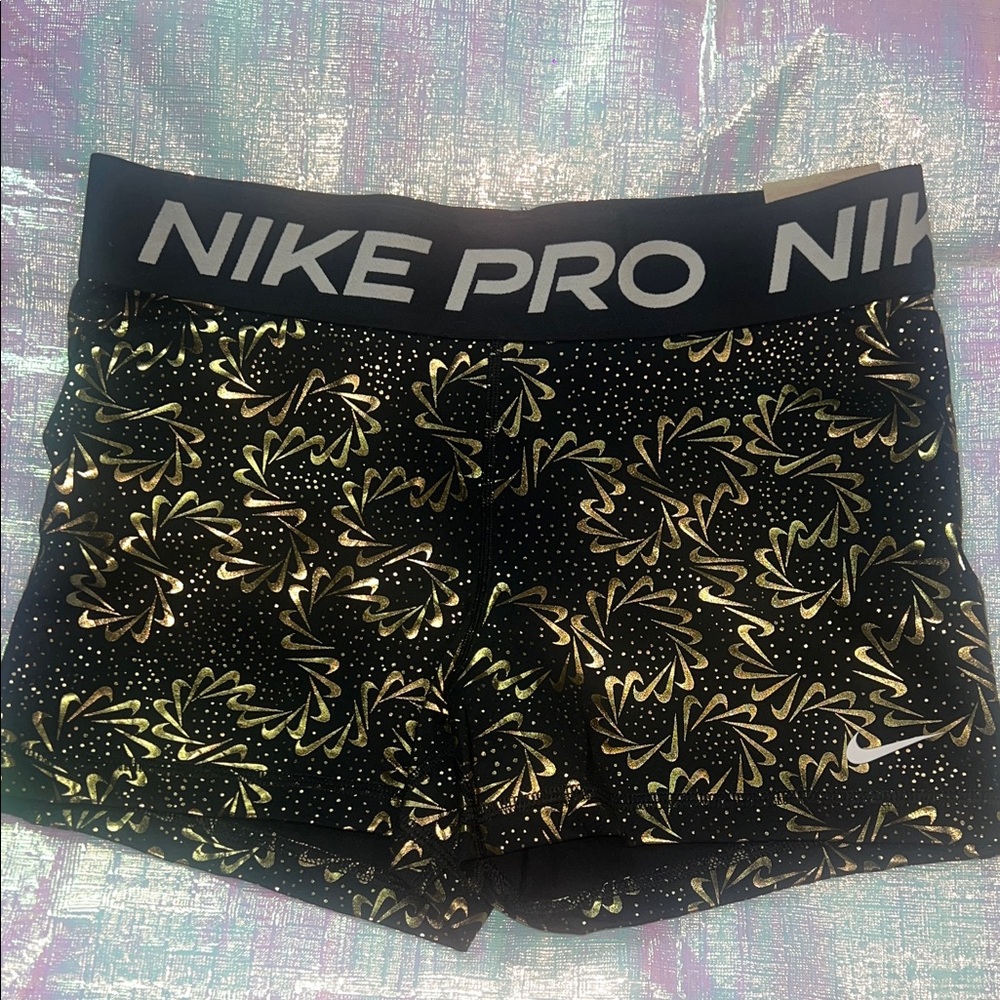 Nike Pro Black Shorts with Gold Leaf Pattern 180.